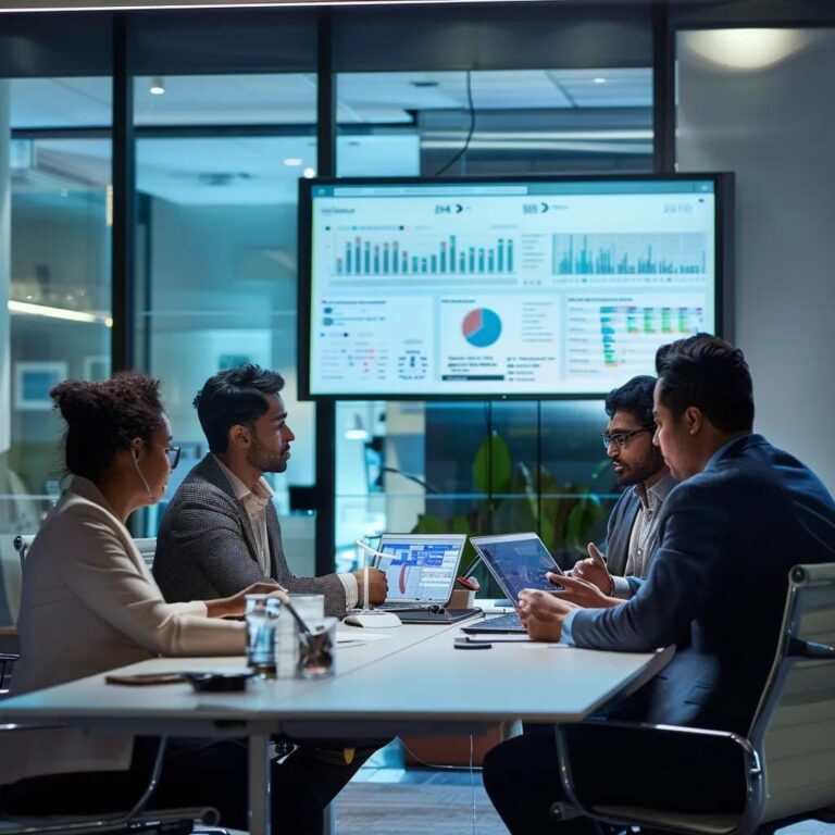 a dynamic office scene showcases a diverse team engaged in an animated discussion around a sleek conference table, with digital sales charts projected on a screen, illuminating their focused expressions as they strategize for rapid deal closures.