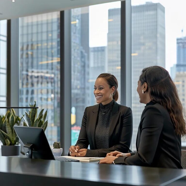 a focused salesperson engages a client in a modern office setting, demonstrating active listening techniques through attentive body language and an engaging expression, with a sleek desk and a large window showcasing a bustling city skyline behind them.