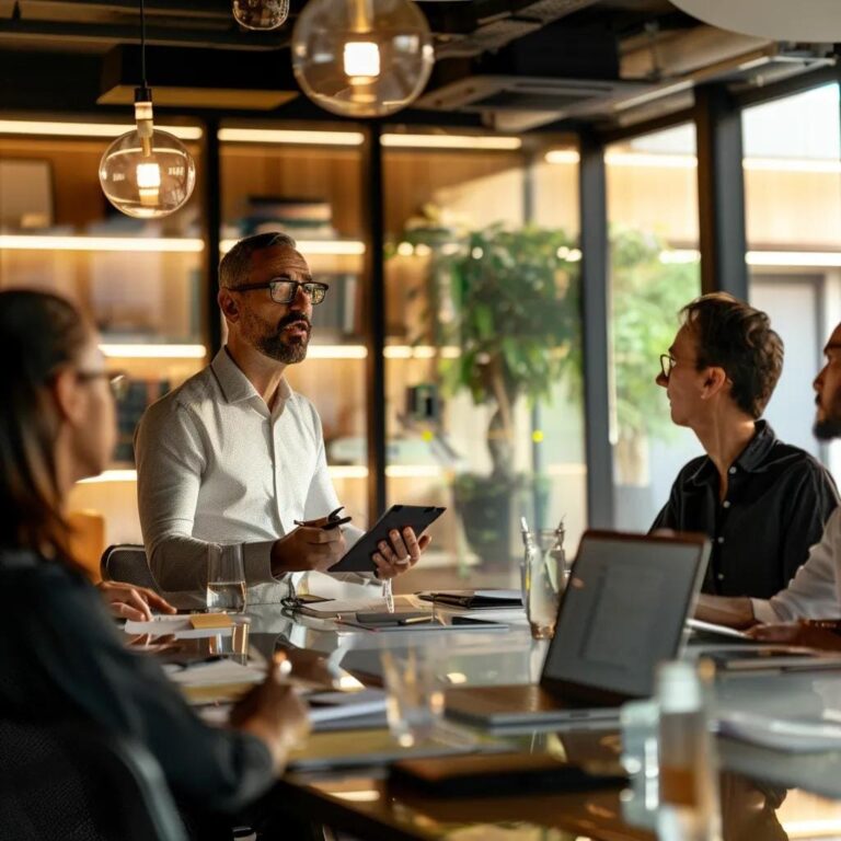 a confident recruiter delivers a compelling presentation in a modern, sleek office conference room, surrounded by diverse potential candidates attentively engaged and taking notes, emphasizing the theme of mastering sales skills for effective talent recruitment.