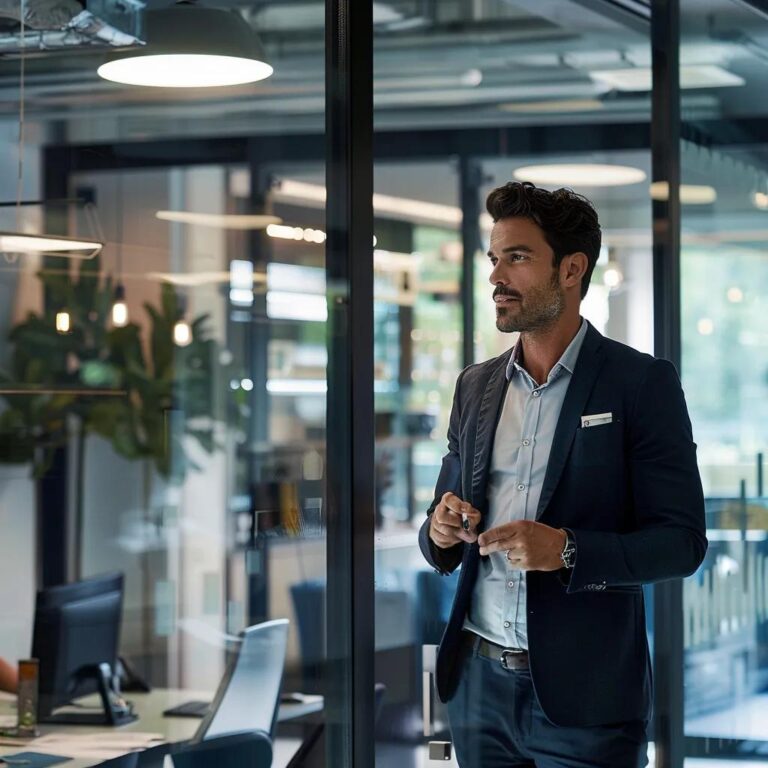 a confident sales professional stands in a sleek, modern office, engaged in a dynamic conversation with a client, showcasing exceptional communication and persuasion skills amidst an ambiance of high-tech gadgets and polished design.