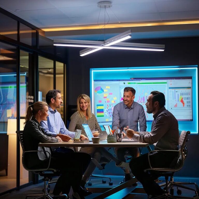 a dynamic office meeting unfolds with a diverse sales team engaged in animated discussions around a sleek conference table, illuminated by modern overhead lighting, showcasing a vibrant whiteboard filled with innovative strategies and colorful charts.