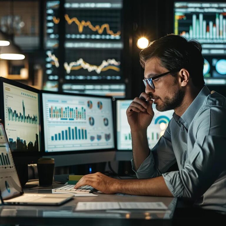 a focused professional sitting at a sleek, modern desk, surrounded by dynamic charts and digital devices, vividly engaged in an interactive sales training program that emphasizes cutting-edge skills development.