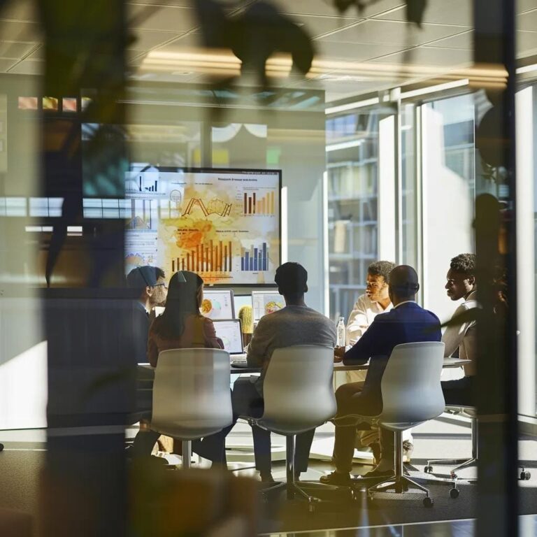 a dynamic office conference room filled with diverse professionals engaged in an interactive sales training session, emphasizing collaboration and strategic discussion with vibrant charts and presentations displayed prominently.