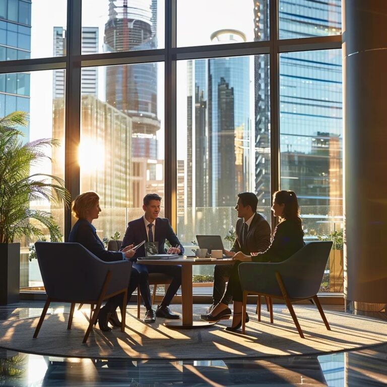 a dynamic office environment features a confident salesperson engaging in a lively conversation with clients, showcasing persuasive charisma and professional attire against a backdrop of sleek, modern furnishings and vibrant city views through large windows.