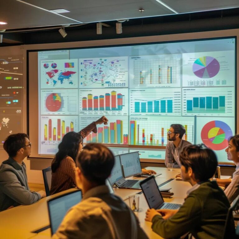 a dynamic office environment filled with engaged professionals analyzing vivid infographics on a large screen, showcasing essential kpis that illuminate sales potential.
