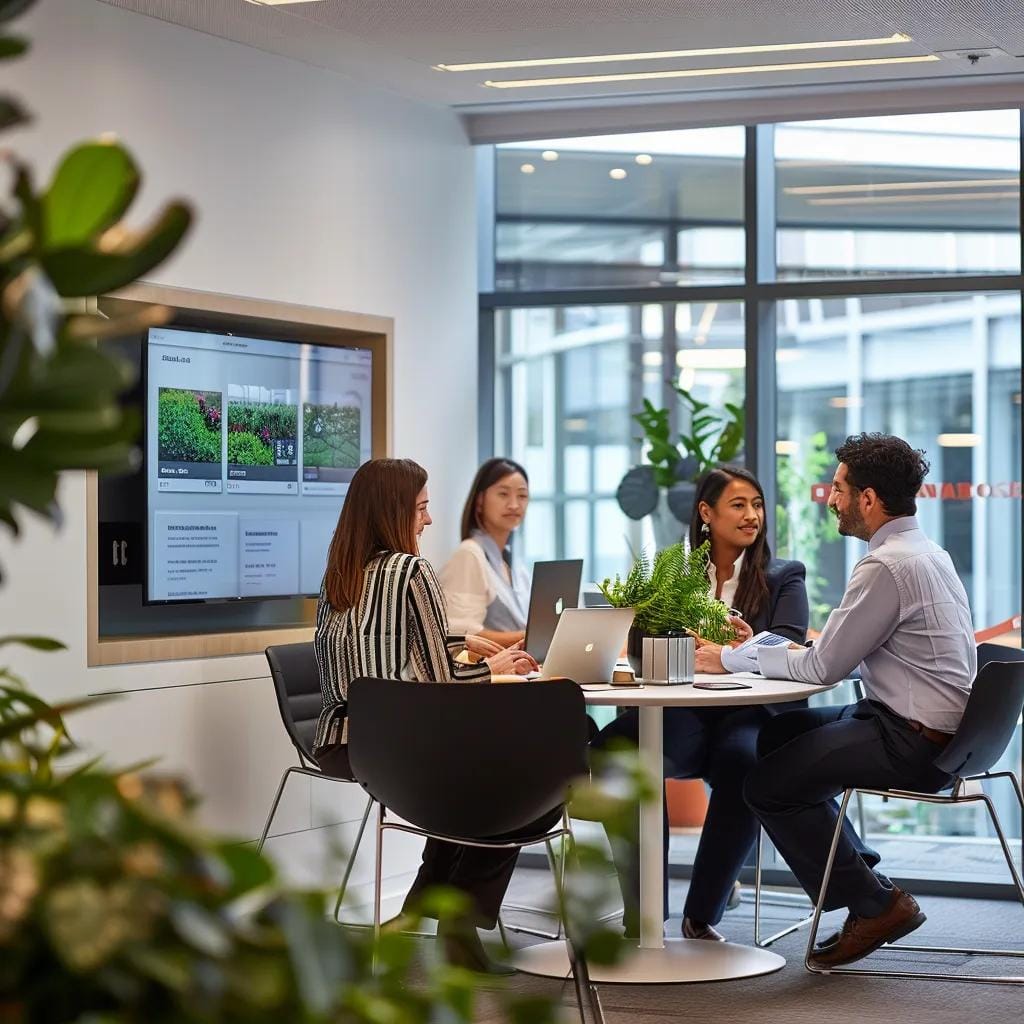 a dynamic office environment showcases a diverse team engaged in an animated discussion around sleek digital devices, emphasizing the fast-paced nature of an accelerated sales process aimed at enhancing customer satisfaction and loyalty.