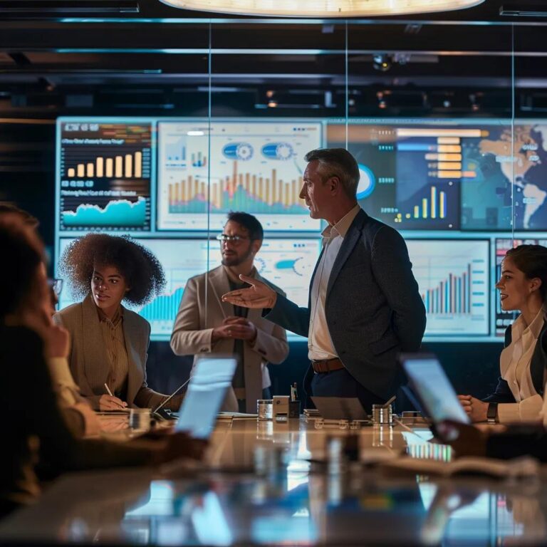 a dynamic office meeting scene showcases a group of diverse professionals engaged in enthusiastic discussion around a sleek conference table, with visual aids displaying graphs and data insights that emphasize innovative communication strategies for boosting sales performance.