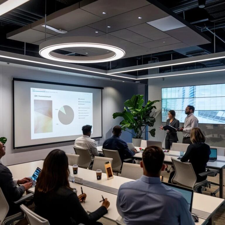 a dynamic office training session unfolds, featuring engaged professionals in a sleek conference room, illuminated by bold overhead lights, as they actively participate in a communication skills workshop to enhance their sales performance.
