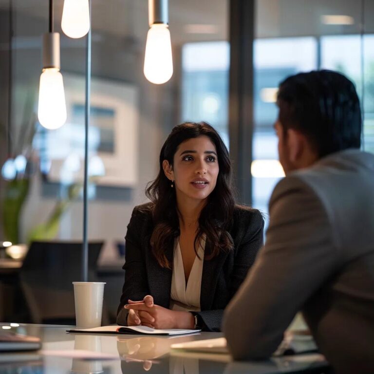 a polished conference room setting features an engaged interviewer assessing a confident candidate's sales skills with focused expressions and dynamic body language, illuminated by strategic overhead lighting that creates a professional ambiance.