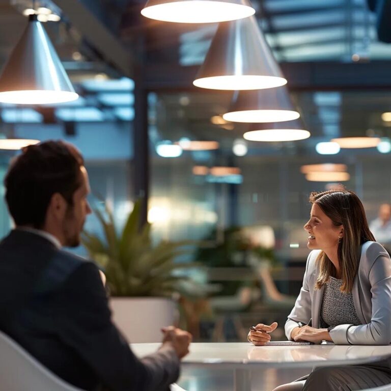 a polished office environment showcases a confident salesperson engaging in a dynamic conversation with a client, illuminated by bright overhead lights and surrounded by modern technology, illustrating the importance of mastering soft skills for sales success.