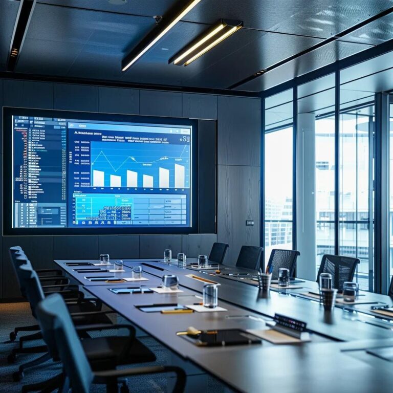 a sleek, modern office meeting room showcases a large digital screen displaying dynamic sales performance graphs and charts, reflecting a focused team engaged in a strategic analysis session to enhance results.