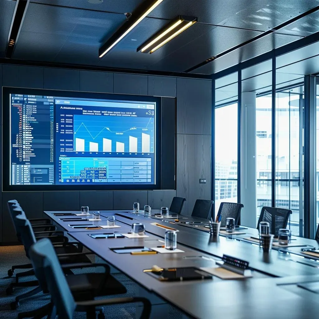 Key Sales Performance Analysis Techniques for Better Results 1 a sleek, modern office meeting room showcases a large digital screen displaying dynamic sales performance graphs and charts, reflecting a focused team engaged in a strategic analysis session to enhance results.