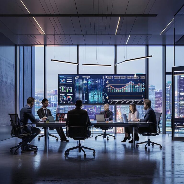 a sleek, modern office setting showcases a large digital screen displaying vibrant sales data analytics, with professionals engaged in animated discussion around a polished conference table, emphasizing the theme of data-driven sales success.