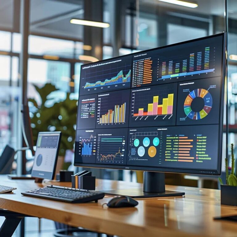 a sleek, modern office workspace showcases a large digital dashboard filled with vibrant graphs and metrics, visually representing the success of an accelerated sales process in action.