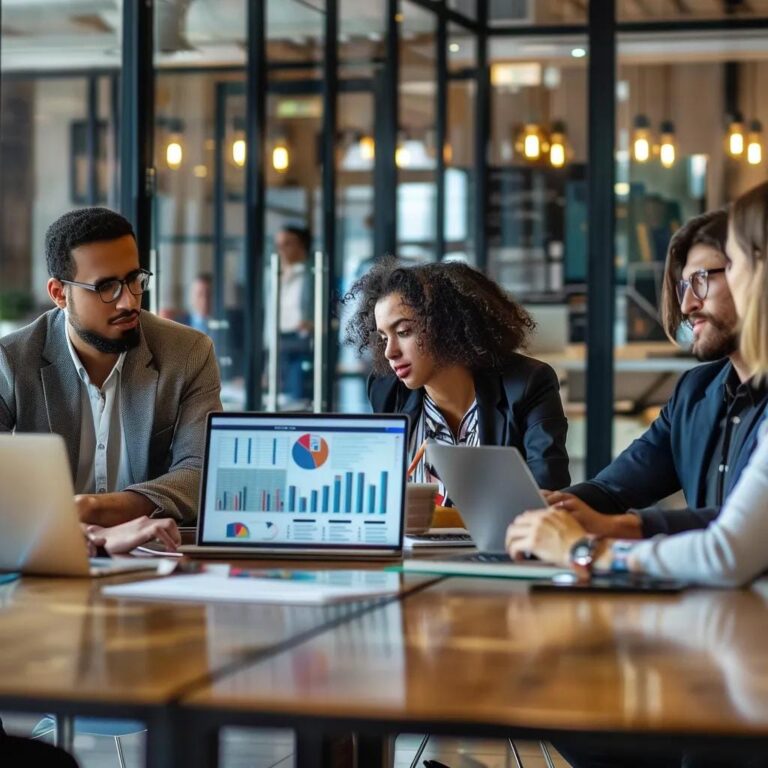Diverse professionals collaborating on sales strategies in a modern office