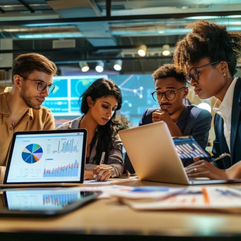 Professionals collaborating on data analytics in a modern office, highlighting teamwork in sales acceleration