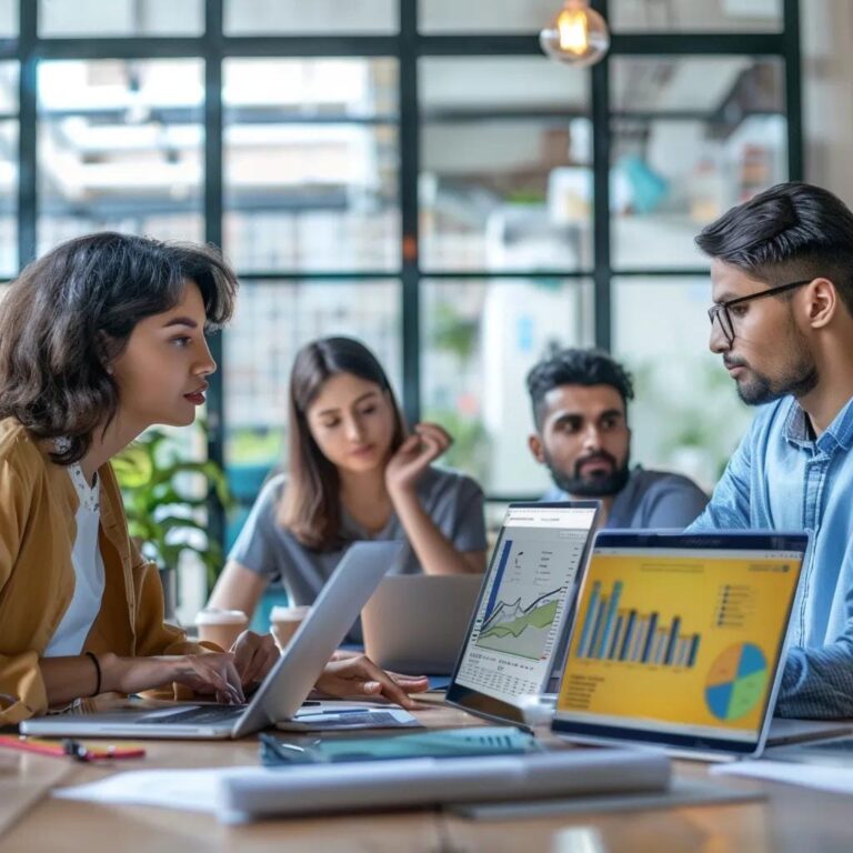 Diverse professionals collaborating on data analytics in a modern office, highlighting teamwork and innovation