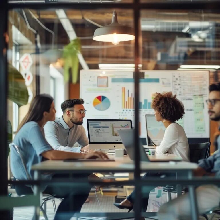 Sales team collaborating on strategies to shorten sales cycles in a modern office