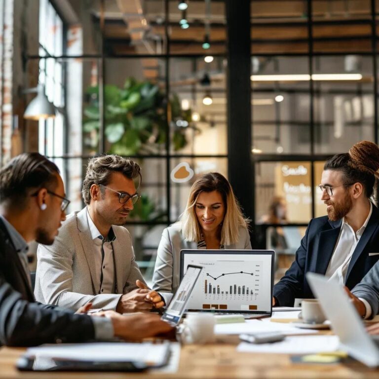 Sales team collaborating in a modern office to enhance productivity and strategies