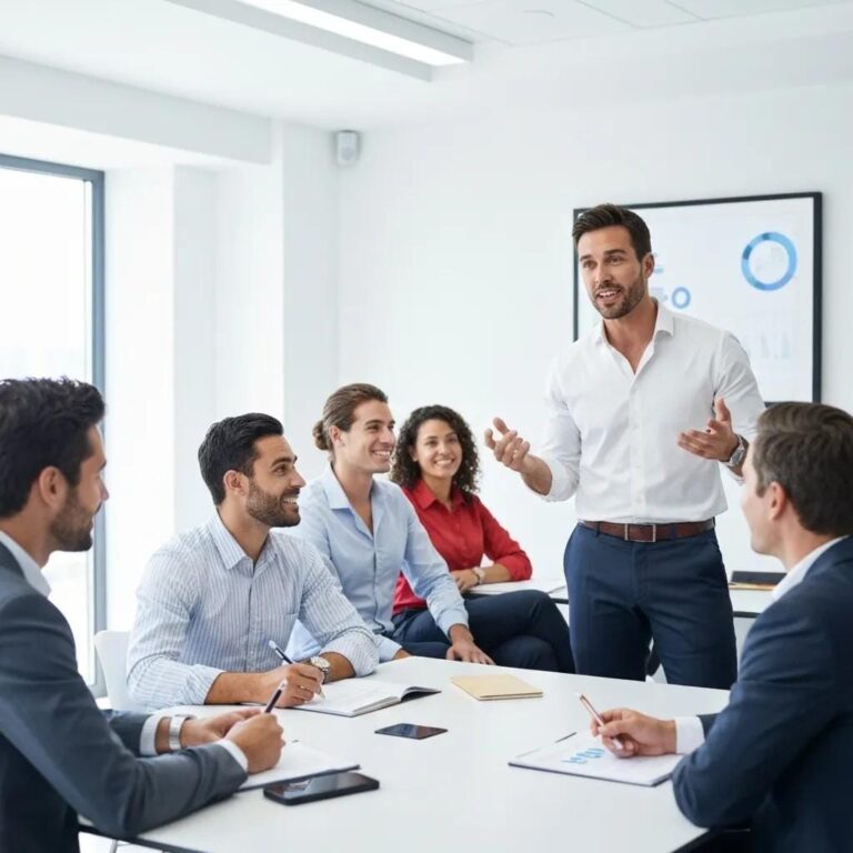 Sales training session with diverse professionals engaged in learning and collaboration