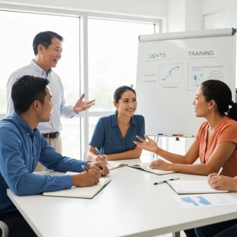 Small business team engaged in a sales training session, highlighting collaboration and learning