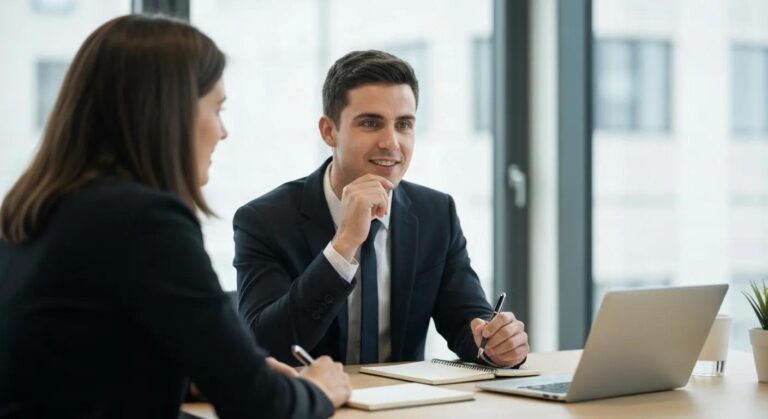 Sales professional engaging in active listening with a client in a modern office