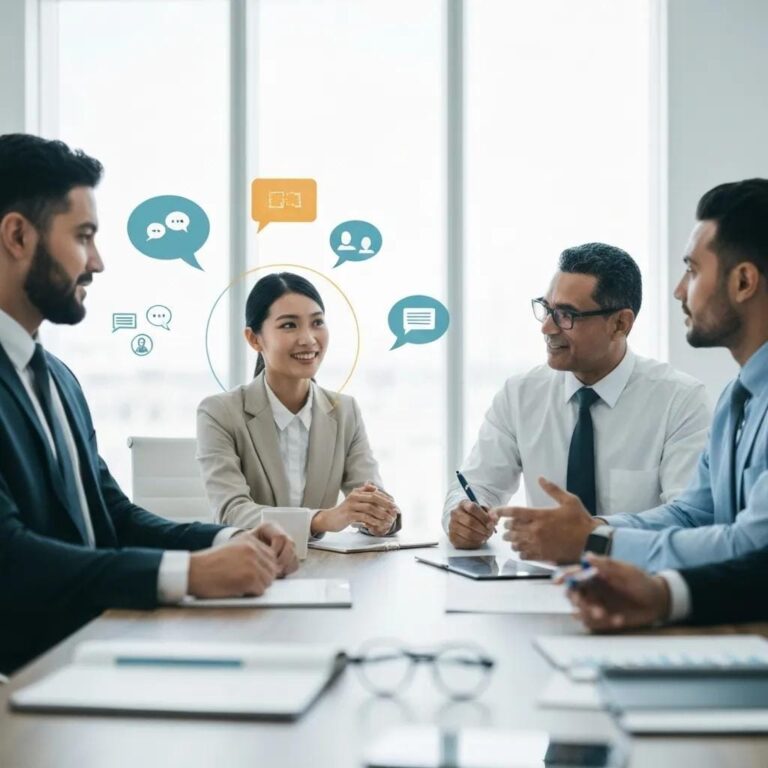 Sales professionals collaborating in a modern office, emphasizing effective communication strategies