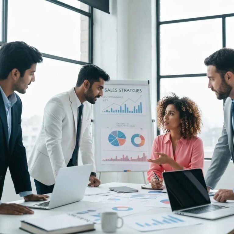 Business professionals collaborating on sales closing strategies in a modern office