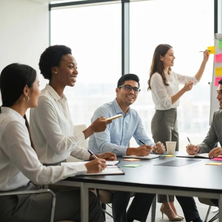 Small business owners engaged in a persuasive communication workshop, showcasing collaboration and learning