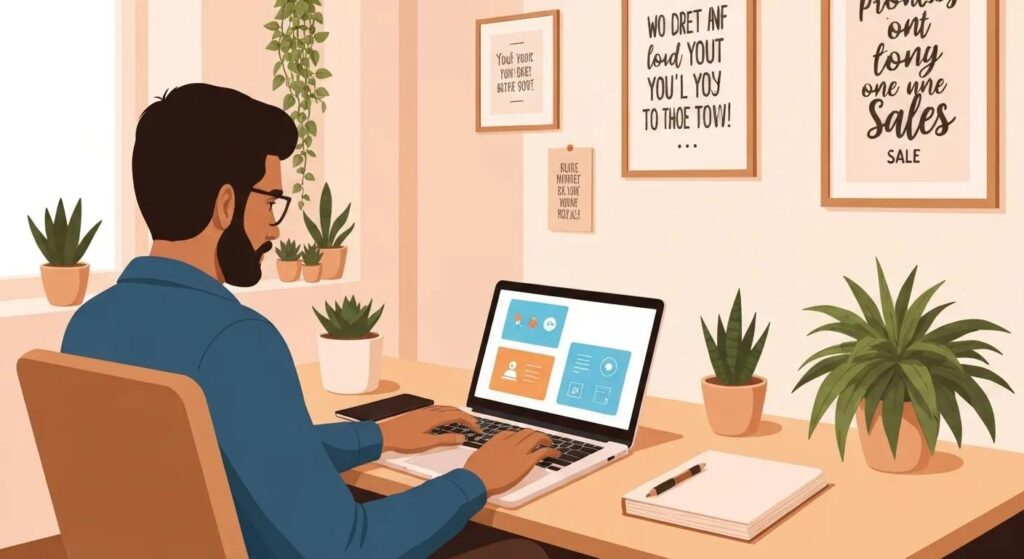 Small business owner utilizing sales automation tools on a laptop, emphasizing productivity and technology in sales