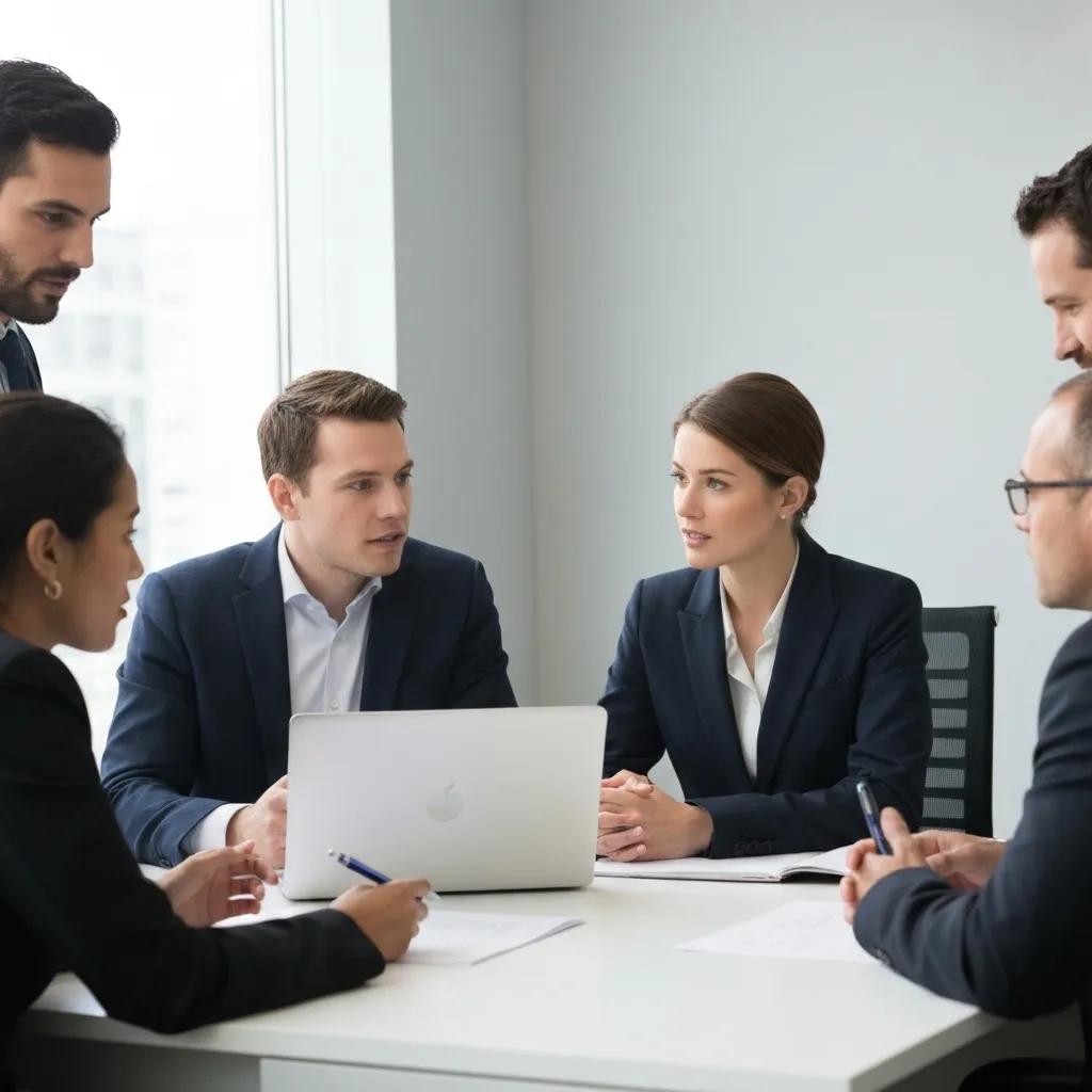 Business professional delivering a compelling sales pitch to an engaged audience in a modern office