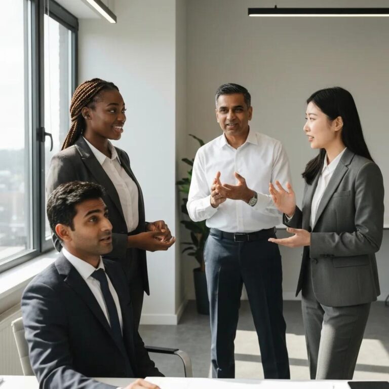 Diverse professionals engaged in effective communication in a modern office setting