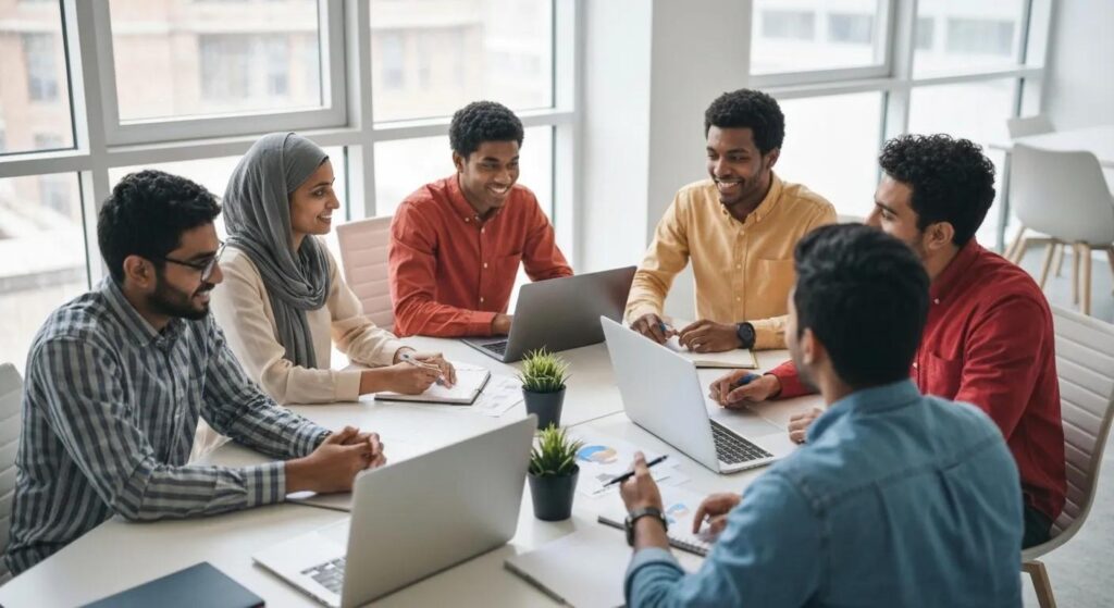 Master Small Business Communication for Greater Success 2 Diverse small business team collaborating effectively in a modern office