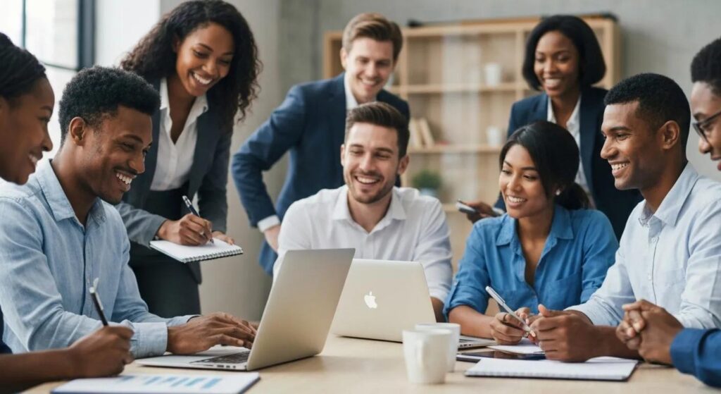 Entrepreneurs engaged in a collaborative sales training session, emphasizing teamwork and skill development