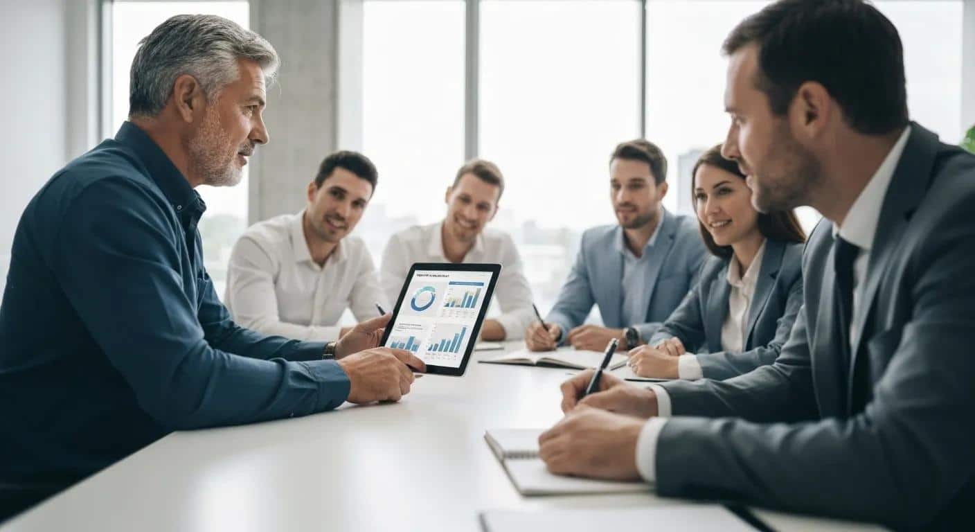 Sales rep presenting a proposal on a tablet to a group of clients