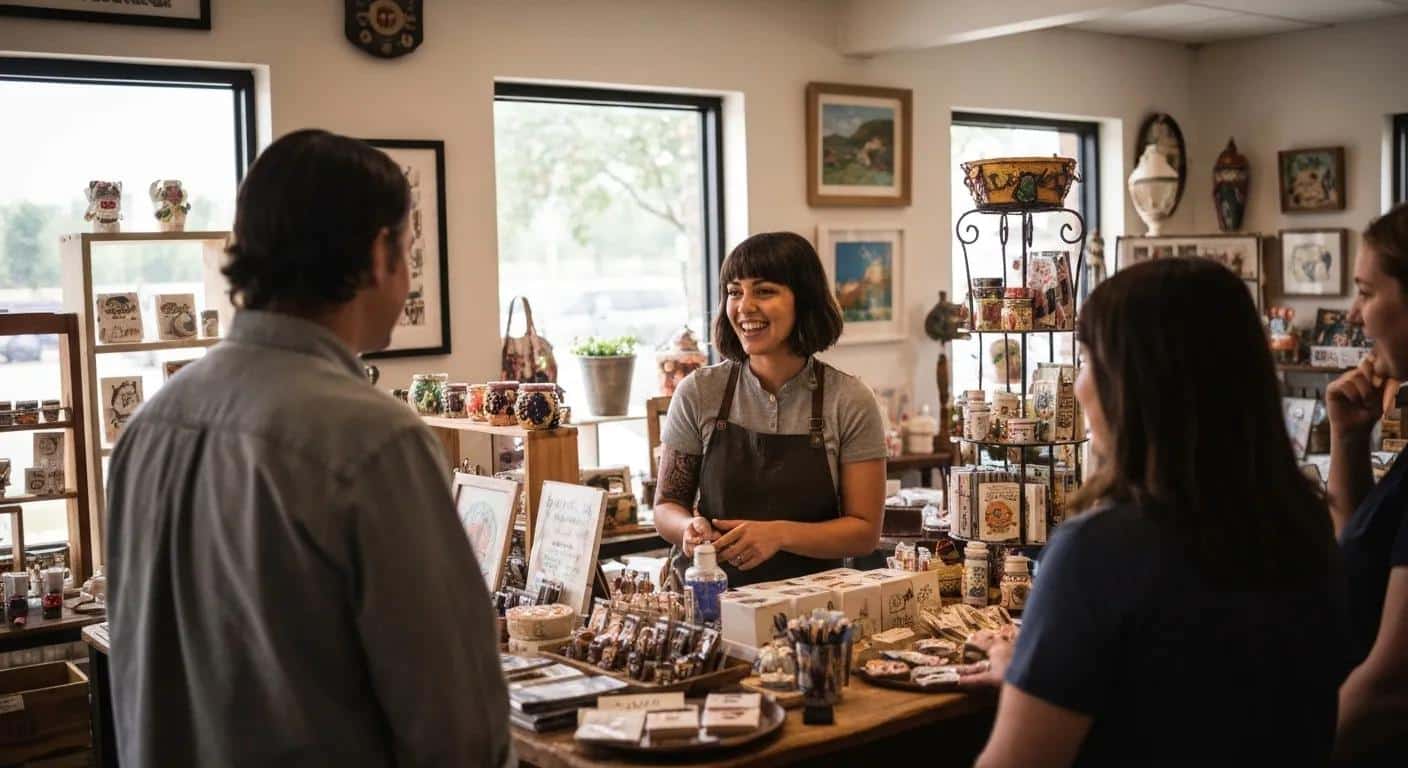 Small shop owner serving customers at a crowded counter