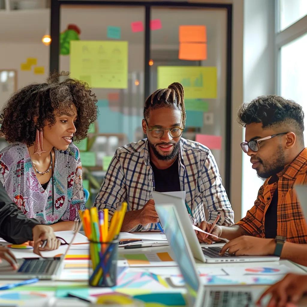 Quick Sales Strategies That Propel Startup Growth 1 Diverse startup founders collaborating on quick sales strategies in a modern office