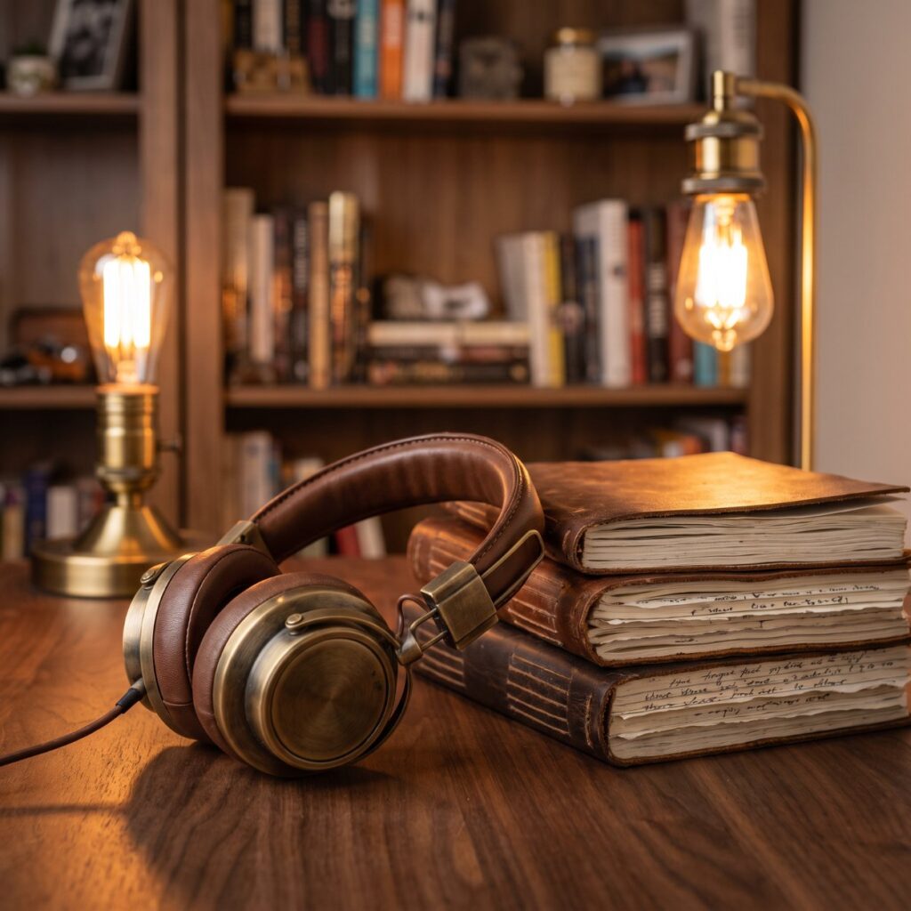 Vintage headphones rest against a stack of worn leather journals on a desk lit by warm edison lamps, a nod to active listening in sales.