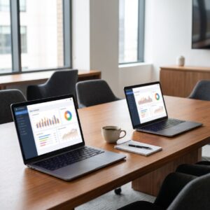 Two laptops on a conference table display sales performance dashboards with bar, donut, and line charts beside a coffee cup and notepad. Sales Training