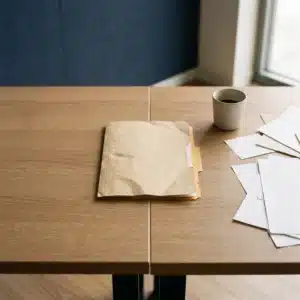 A closed folder resting on the seam between one bare desk and one in mid use