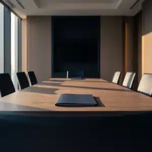 An empty boardroom with a single closed folder on the table in low autumn light