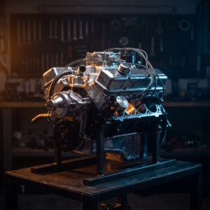 A rebuilt engine on a stand in a workshop, one of several systems that has to be running for the whole to move.