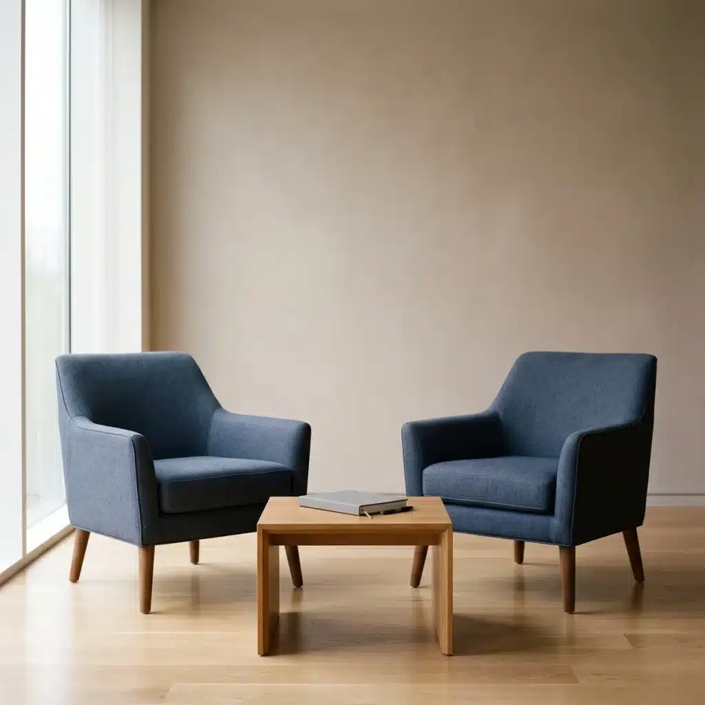 Two empty chairs angled toward each other around a low table in a quiet office corner