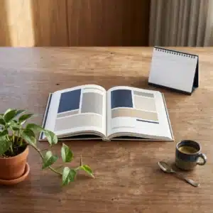 An open printed report beside a desk calendar turned to its final page in warm winter light