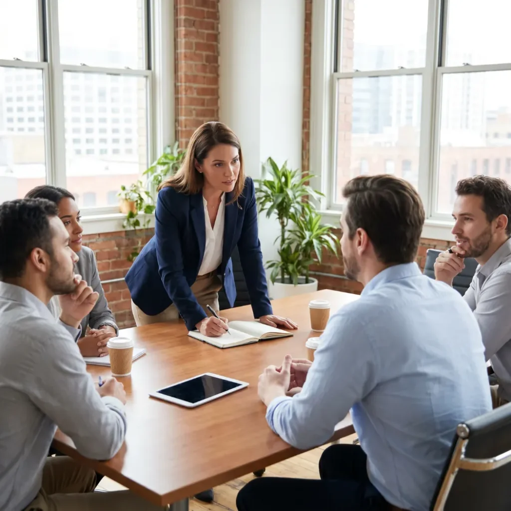 Sales manager leaning in to listen during a small team coaching discussion at a wooden table