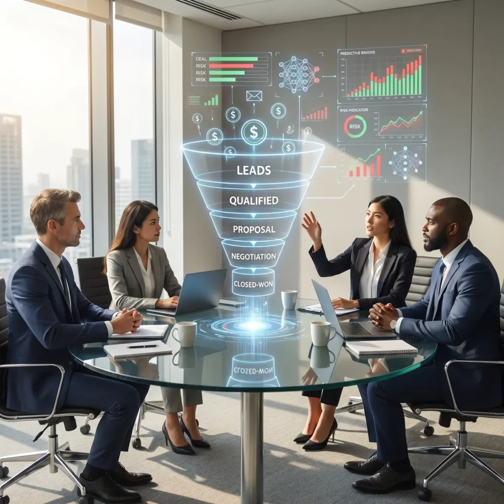 Sales team around a glass table reviewing a holographic pipeline funnel from leads to negotiation