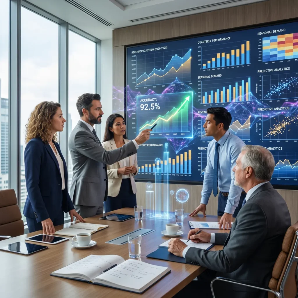 Sales leaders reviewing an ai forecasting dashboard on a large boardroom screen