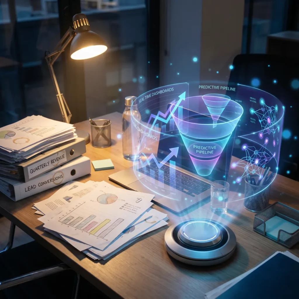 Holographic sales funnel and report charts projected above a desk stacked with printed reports