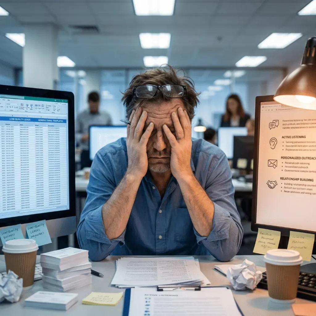 Stressed sales manager covering his face at a desk piled with spreadsheets and papers