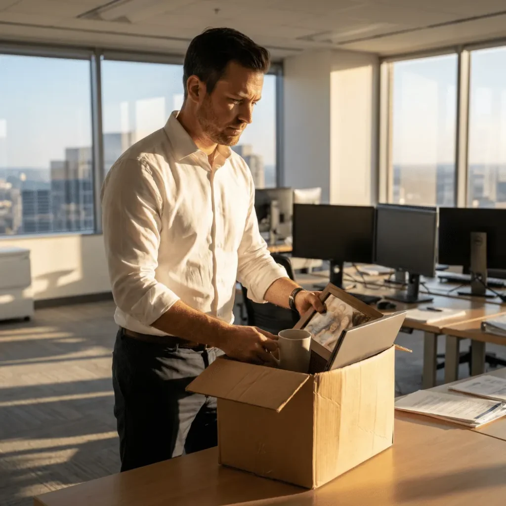 Sales rep packing his belongings into a cardboard box at his desk